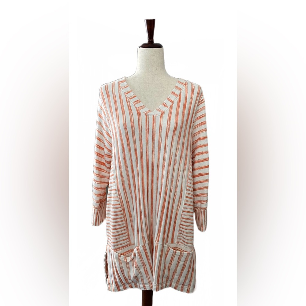 Soft Surroundings Briza Stripe Tunic V-Neck Coral Reef Orange Plus Size 1X
